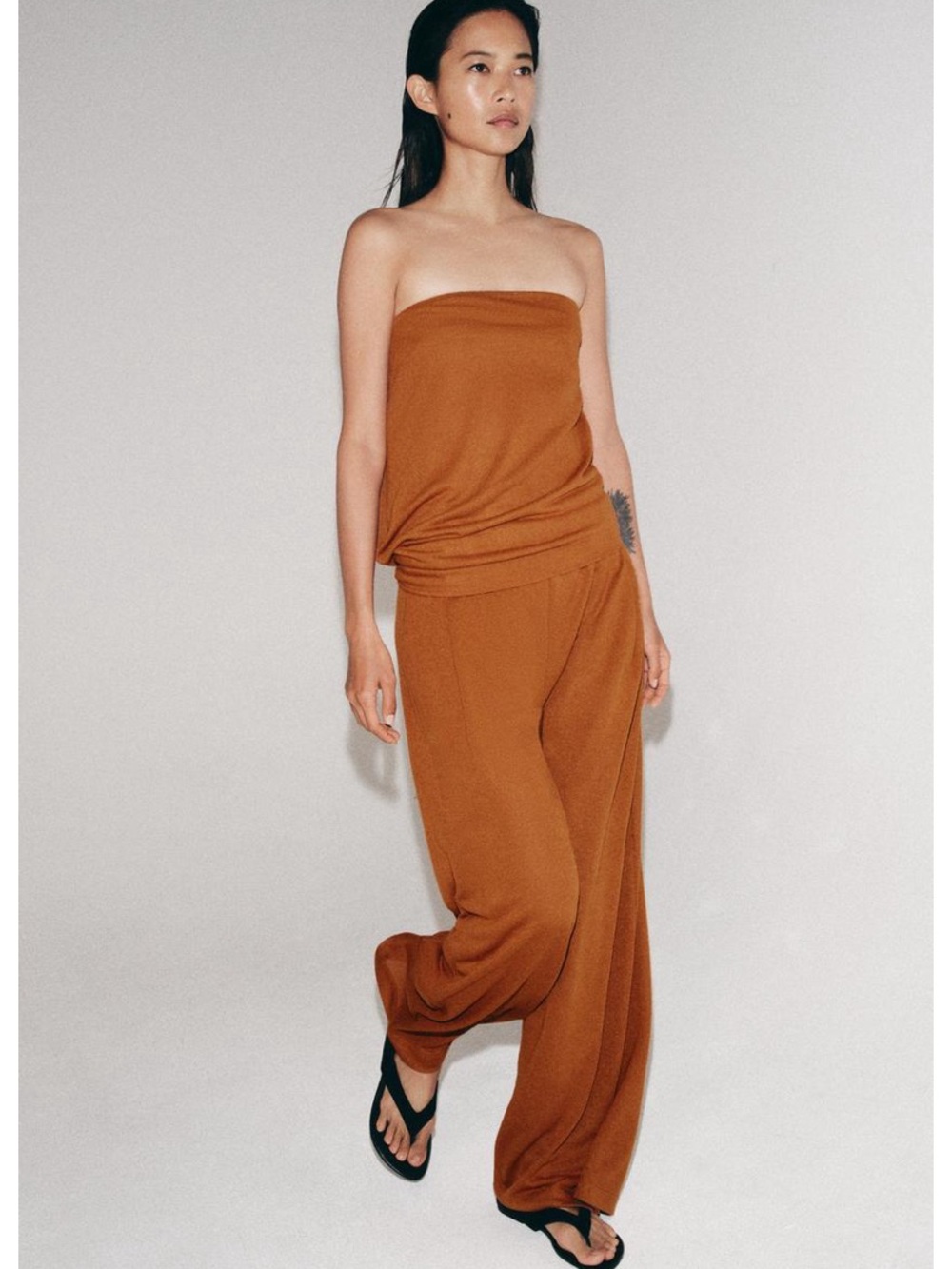 Zara Strapless top and Wide-Leg pants in Rust